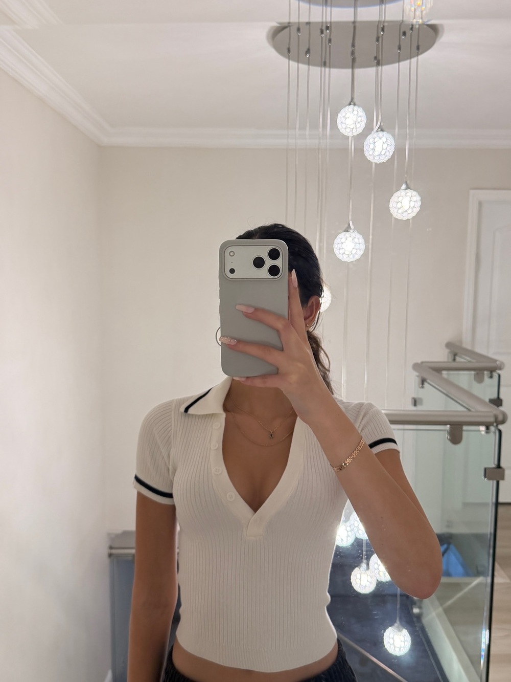 Garage White Ribbed Polo Crop Top with Black Trim